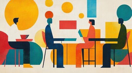 Coach Guiding Team Strategy Session with Abstract Shapes