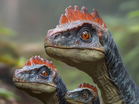 Vertical composition showcasing a family of Parasaurolophus dinosaurs their unique crested heads captivating young audiences