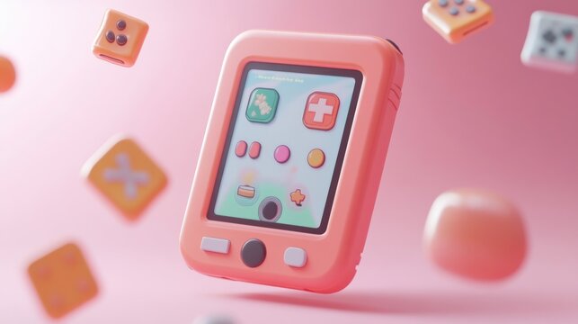 A playful handheld gaming device with colorful buttons and icons, set against a pink background.