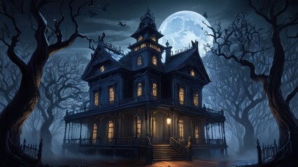 Obraz premium A dark, abandoned house sits in the moonlight, with twisted branches and thick fog surrounding it, creating an eerie and haunting scene in the middle of the night
