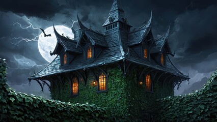 Obraz premium A haunted Victorian mansion looms under the full moon, surrounded by eerie fog and dead trees, casting a chilling atmosphere perfect for a spooky Halloween night