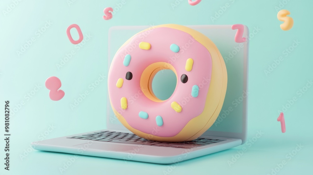 Poster A whimsical donut sits on a laptop, surrounded by colorful numbers, blending tech and fun.