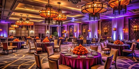 Vibrant Halloween party decorations and dimmed lighting transform a luxurious hotel ballroom into a spooky yet elegant
