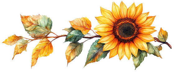 Fototapeta premium A vibrant sunflower design with colorful leaves, perfect for enhancing nature-themed projects and floral decorations.