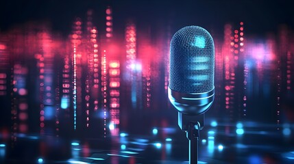 A dynamic microphone with vivid colorful sound waves in the background, symbolizing music, sound, and audio production.