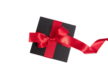 Black Friday Sale. Black gift box with red ribbon bow isolated on white transparent, top view
