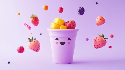 A cheerful purple cup filled with fruits, surrounded by floating berries and gummies.