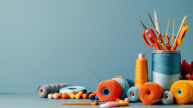 A variety of vibrant sewing supplies, including spools of thread, scissors, and beads, arranged on a desk ready for crafting.