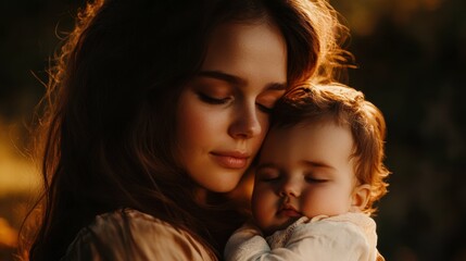 Intimate close-up view of a mother tenderly cradling her infant their connection palpable in the dramatic chiaroscuro lighting