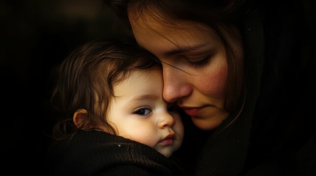 Intimate close-up view of a mother tenderly cradling her infant their connection palpable in the dramatic chiaroscuro lighting