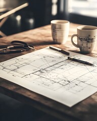 Intricate Architectural Blueprint on Wooden Desk with Drafting Tools and Coffee Mugs