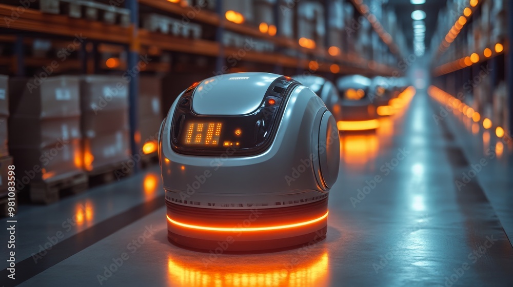 Poster futuristic warehouse with robots using ai for efficient inventory management