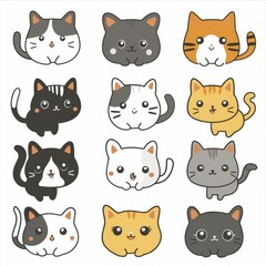 Fototapeta premium Adorable Black and White Cat Character Set Illustration