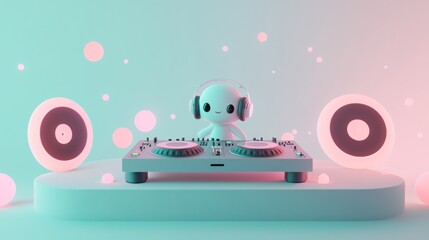 A cute character DJing with turntables and speakers in a colorful, vibrant setting.