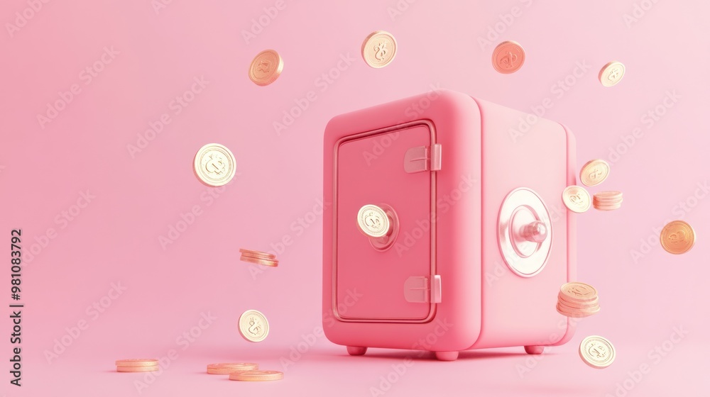 Wall mural A pink safe with coins spilling out, symbolizing savings and wealth.