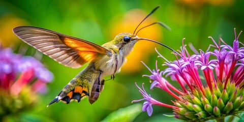Fototapeta premium Vibrant hummingbird moth with iridescent wings and long proboscis sips nectar from a tubular flower surrounded by lush