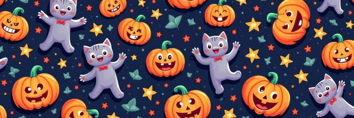 Fototapeta premium A playful Halloween-themed seamless pattern featuring cute cats and pumpkins set against a dark background, perfect for festive designs and children's products.