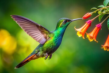 Fototapeta premium Vibrant hummingbird sips nectar from delicate, trumpet-shaped flower, its iridescent feathers glistening in warm