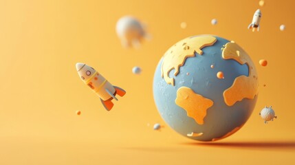 Fototapeta premium A colorful 3D illustration of a planet with rockets and celestial objects in space.