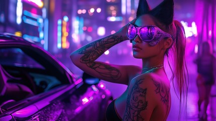 Stylish Seductive Woman With Tattoos in Neon Cityscape