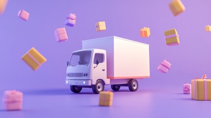 A 3D delivery truck surrounded by colorful gift boxes on a purple background.