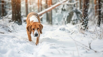 A playful dog explores a snowy forest path in winter, enjoying the fresh air and beautiful scenery.