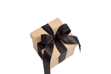 Black Friday Sale. Gift box with black ribbon bow isolated on white transparent
