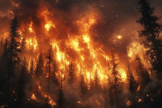 apocalyptic forest ablaze meteroid streaks across smokefilled sky trees engulfed in flames cast eerie orange glow ash and embers swirl in superheated air