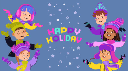 Happy holiday. Children dressed in warm winter costumes. Group of cute kids smiling in bright clothes. Cartoon portraits of multiethnic boys and girls. Vector flat illustration.