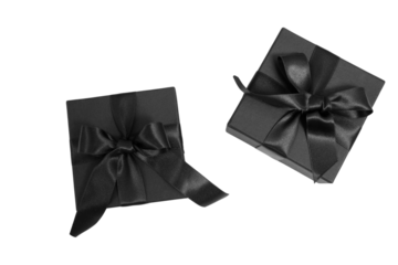 Black Friday Sale. Black gift boxes with ribbon bow isolated on white transparent, top view