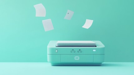 Fototapeta premium A mint-colored printer with flying sheets of paper, symbolizing printing activity.