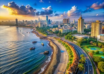 Fototapeta premium Vibrant illustration of India's western coast highlights Mumbai, formerly Bombay, as a prominent city on the Arabian