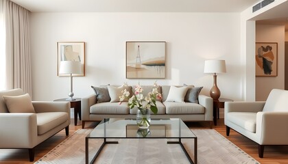 Modern living room with a neutral-colored sofa, a glass coffee table with a vase of fresh flowers, and abstract art on the walls. 