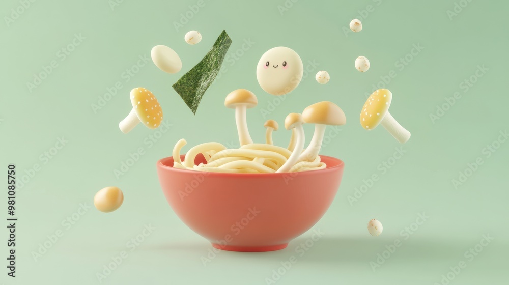 Poster A whimsical bowl of noodles with animated mushrooms and seaweed, showcasing playful food design.