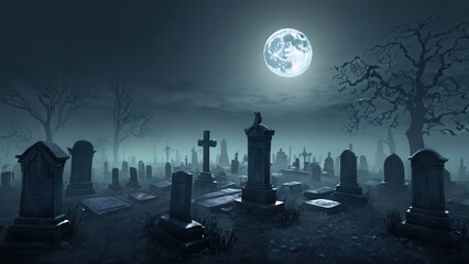 A skeleton lies in an open grave beneath a full moon, surrounded by weathered tombstones and barren trees in a misty graveyard, evoking a chilling, eerie scene