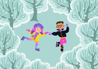 Happy children skating in the snowy park. Winter outdoor activity. Boy and girl in bright winter clothes. Cute little skaters against on the winter forest. Cartoon kids. Vector flat illustration.