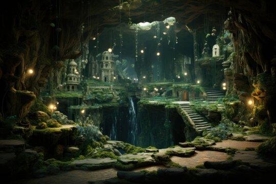 Botanical underground city background nature cave architecture.