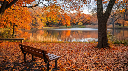 A bench sits in a park with a lake in the background, and the leaves on the ground are orange and fallen from the trees. 