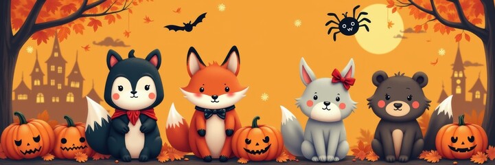 Obraz premium A whimsical illustration of cute forest animals celebrating Halloween, surrounded by pumpkins and a spooky backdrop, perfect for seasonal designs or children's products.