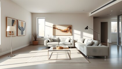 A spacious, uncluttered living room featuring a sleek, modern sofa, a glass coffee table, and a minimalist floor lamp.