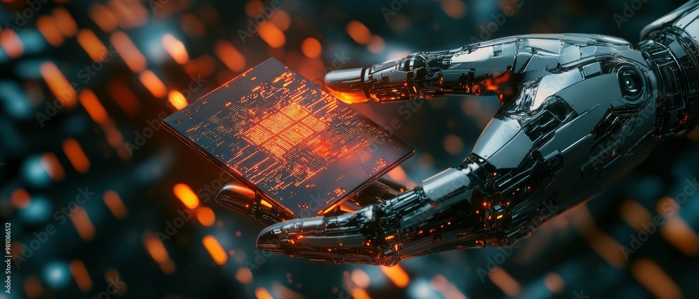 Poster futuristic robot hand holding quantum processor chip in data streams background