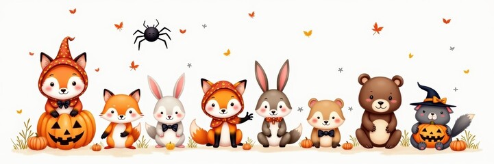 Obraz premium Cute, whimsical animal characters in Halloween costumes perfect for children's projects, educational materials, or festive decorations.