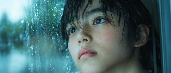 Muted contemplative lighting envelops an Asian teenager as they gaze out a window, their pensive expression reflecting the complexities of balancing personal desires and familial expectations