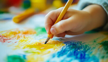 A child draws with a pencil.  Showing creativity and artistic expression.