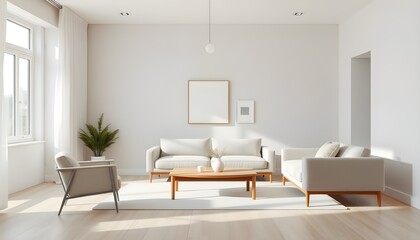 A tranquil, monochromatic living room with a minimalist aesthetic, featuring a sleek low-profile sofa in a neutral tone.