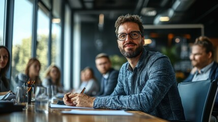 Obraz premium Widescreen portrait of a person with a physical disability confidently leading a team meeting, their expertise and assertiveness inspiring their colleagues