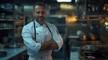 Fototapeta premium A confident chef standing in a kitchen, Portrait of a chef, A male chef in the kitchen