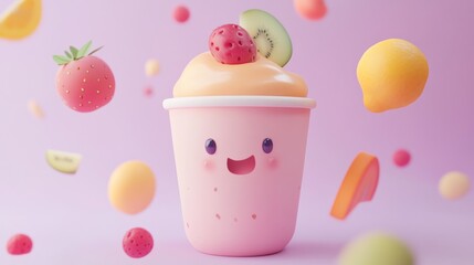 A cute ice cream cup surrounded by colorful fruits, creating a playful and joyful scene.