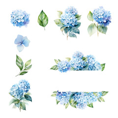 Frame with watercolor blue hydrangea set
