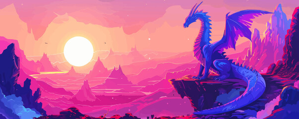 dragon poster, majestic dragon with detailed scales and mythical landscape, fantasy art fans, flat, vector illustration